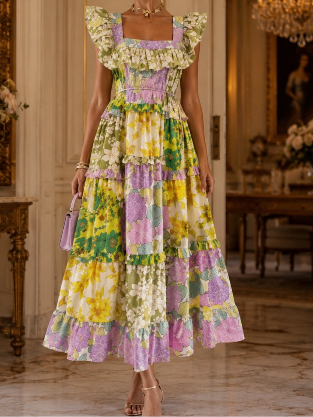 New Dalia Macphee Floral Patchwork Maxi Dress size S color Lime Multi - Picture 11 of 16